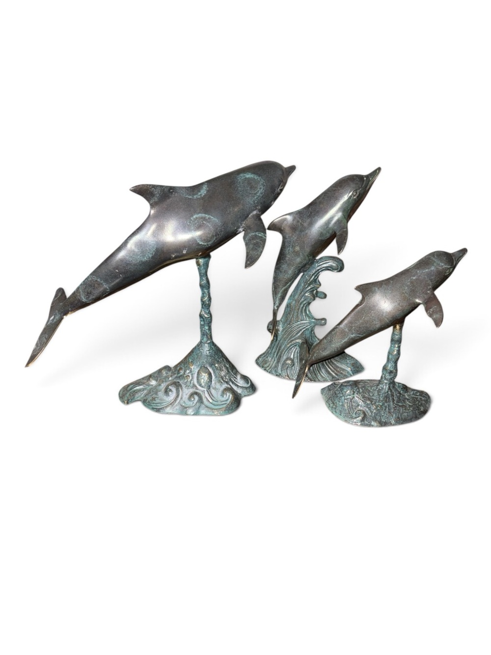 Vintage Brass Dolphin bronze tone metal Figurine Set of 3 Decor Patina
